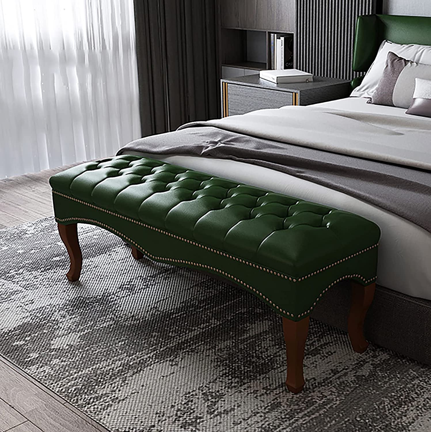 Banc de lit en cuir faux vert et bois massif de qualité supérieure luxe