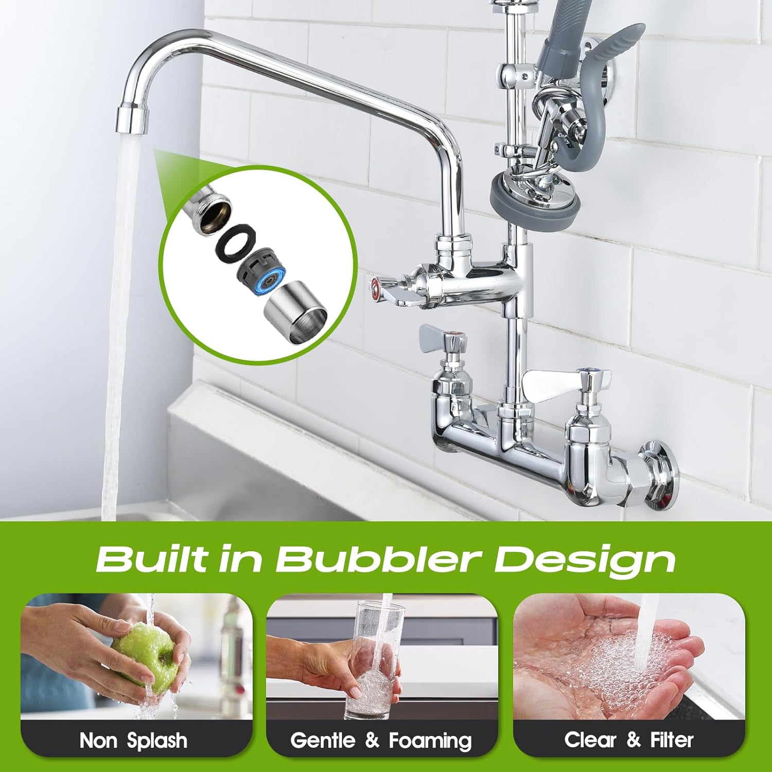 Commercial Sink Faucet with Sprayer 8 Inch Center Wall Mount Kitchen Sink Faucet with 10" Add-on Swing Spout 25" Height Faucet with Down Pre-Rinse Sprayer - Image 4