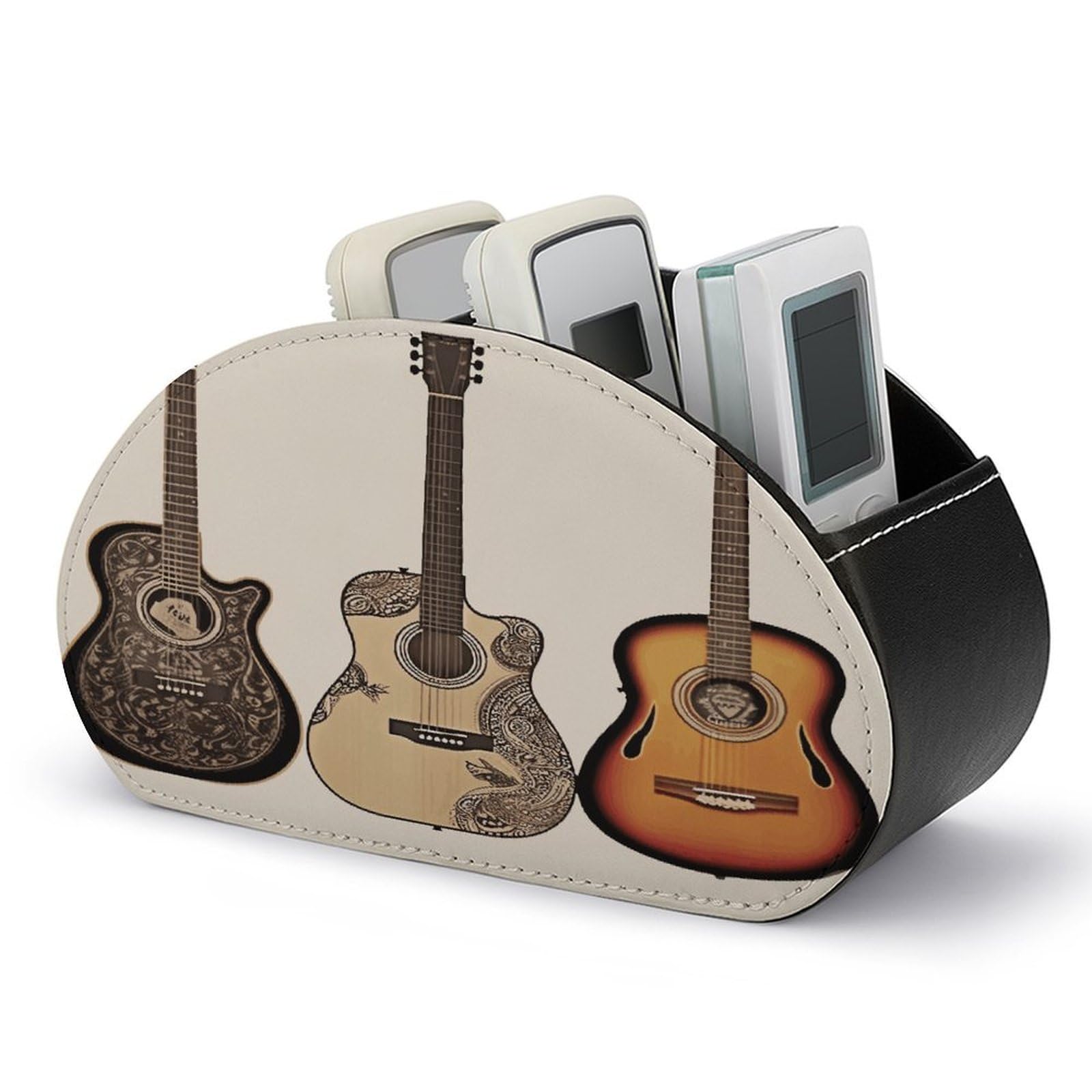 FekiLoot Guitar Remote Control Holder, PU Leather Remote Control Organizer Box Stationery Remote Control Box Desk Storage Organizer for DVDs,Glasses,Pens,Media Players