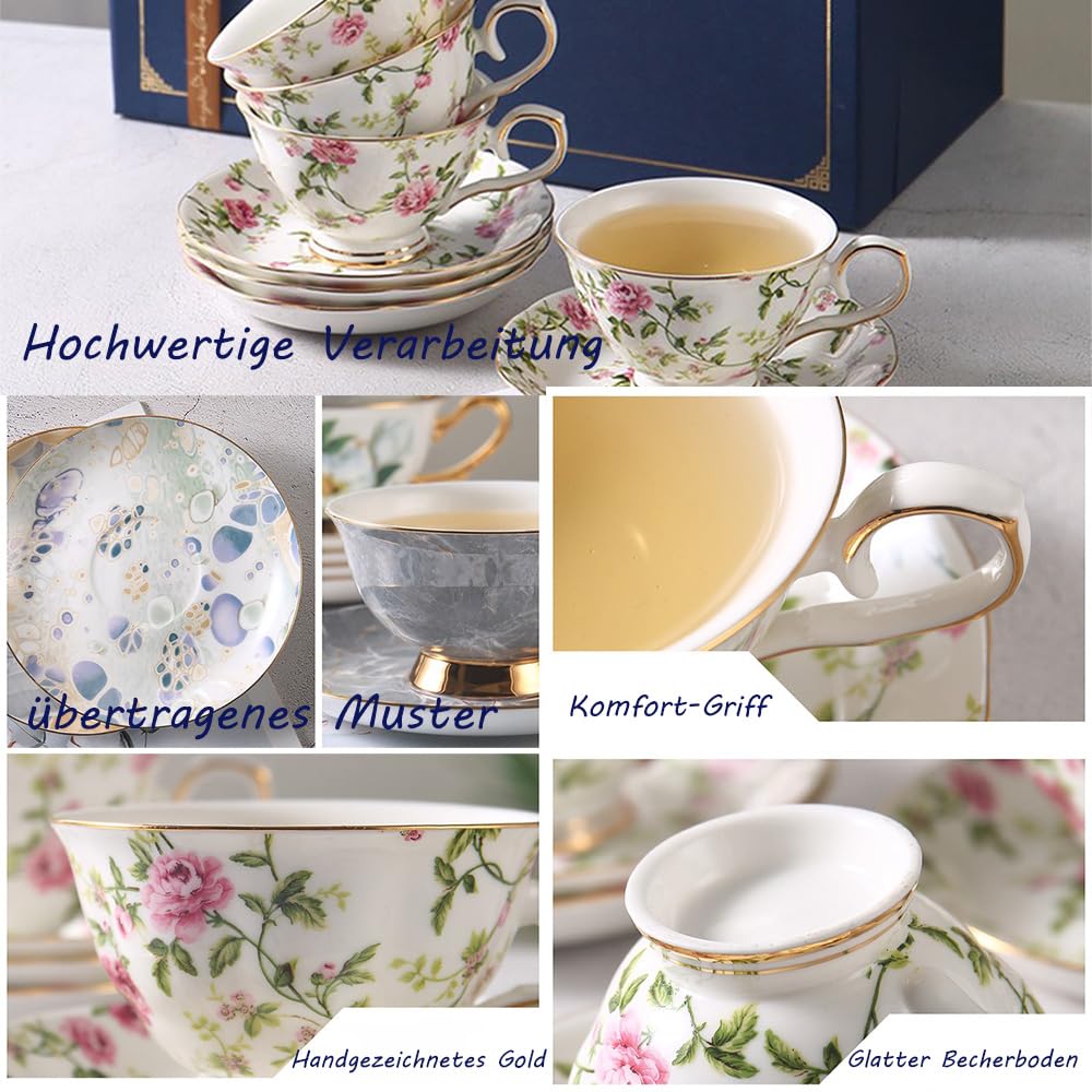 Juego de té de flores europeas de 12 piezas, juego de té de porcelana de hueso, juego de café, 9 opciones.Con caja de regalo. (estampado floral multicolor)