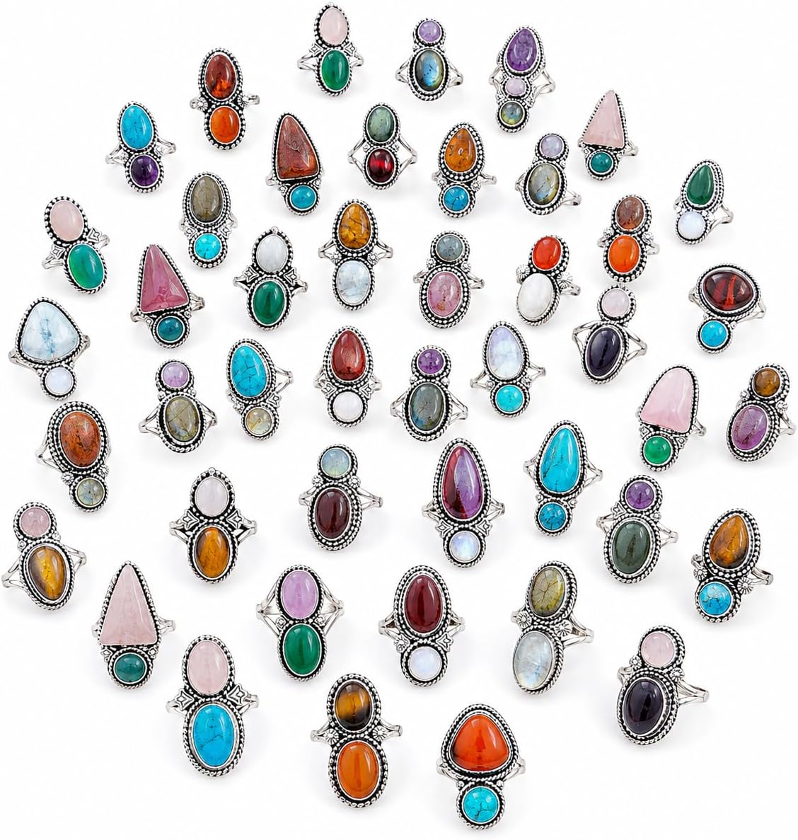 Natural Gemstone Double Stone Boho Ring Set, Handmade