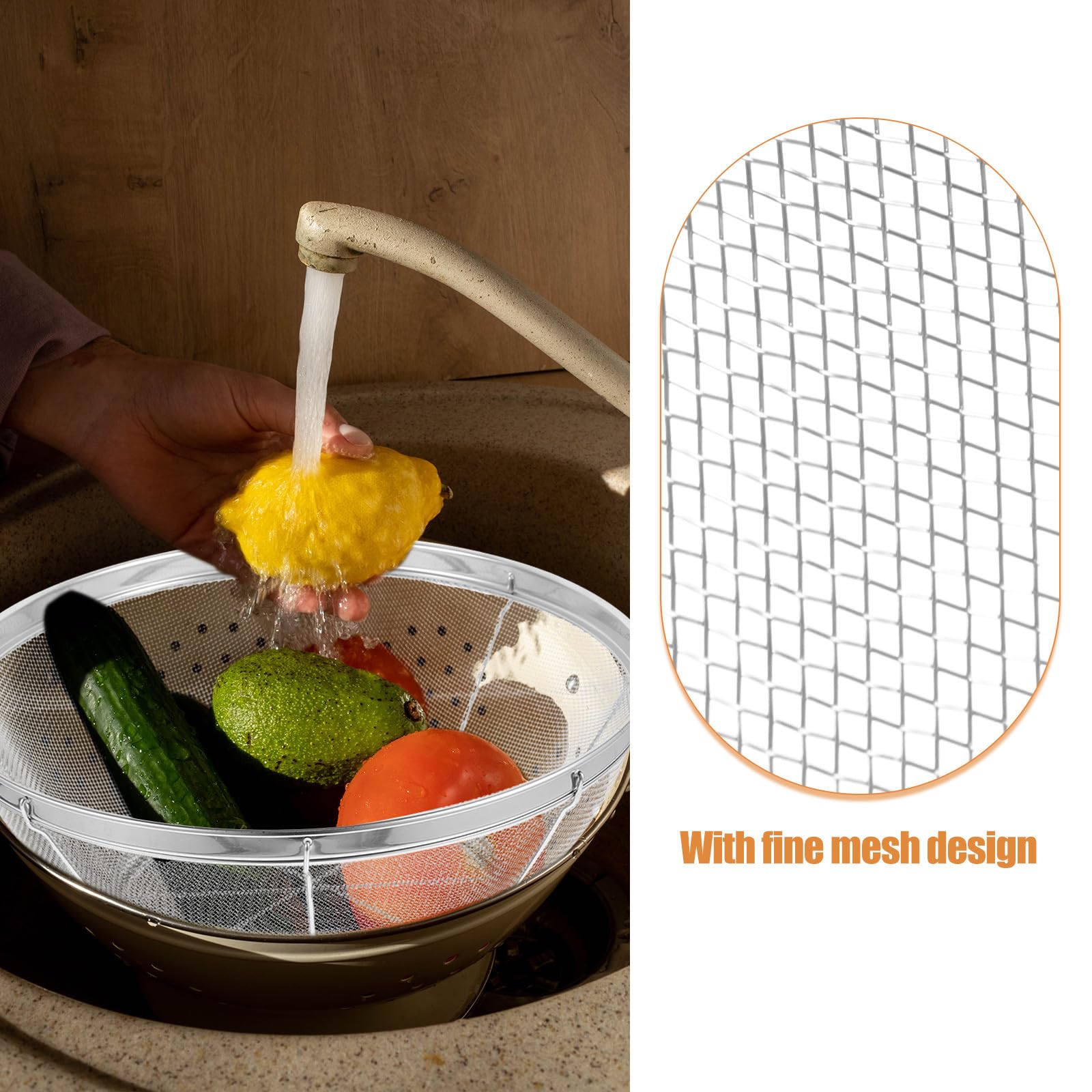 Juego de 5 Coladores Grandes de Malla Fina de Acero Inoxidable Resistentes para Lavar Frutas y Arroz en Cocina Forma Redonda y Filtro Fino