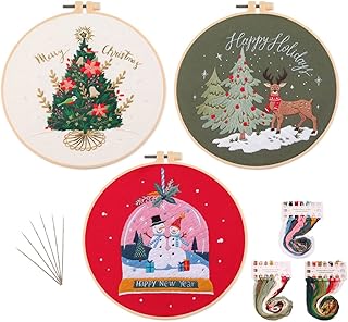3 Sets Embroidery Starter Kit with Christmas Pattern,Cross Stitch Set for Beginners, Full Range of Stamped Embroidery Kits with 3 Embroidery Pattern, Embroidery Hoops and Color Threads