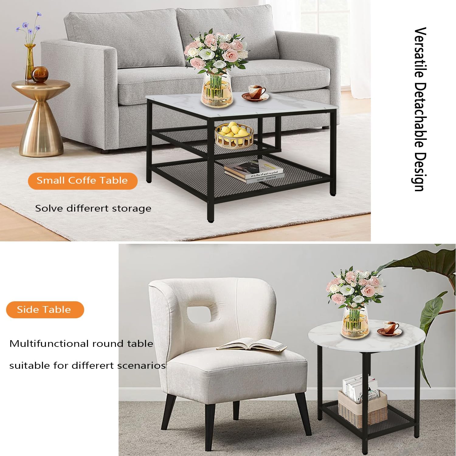 AT-VALY Nesting Table Set of 2, Modern Round End Table & Rectangular Coffee Tables for Living Room Apartment (Black)