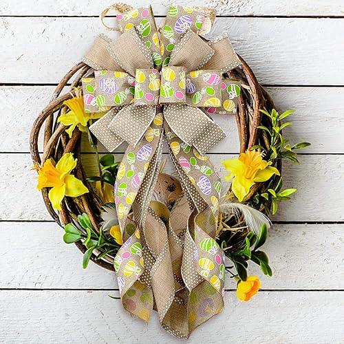 Miniatura 3 de 2 rollos de cinta de Pascua con borde con alambre de 10 yardas, lazos de arpillera de puntos blancos y morados de 2.5 pulgadas para corona, huevos