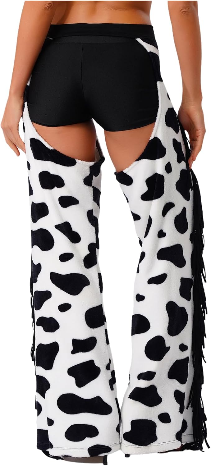 Womens Cowboy Chaps Cow Print Trousers Hollow Out Western Chaps Cosplay Halloween Outfits