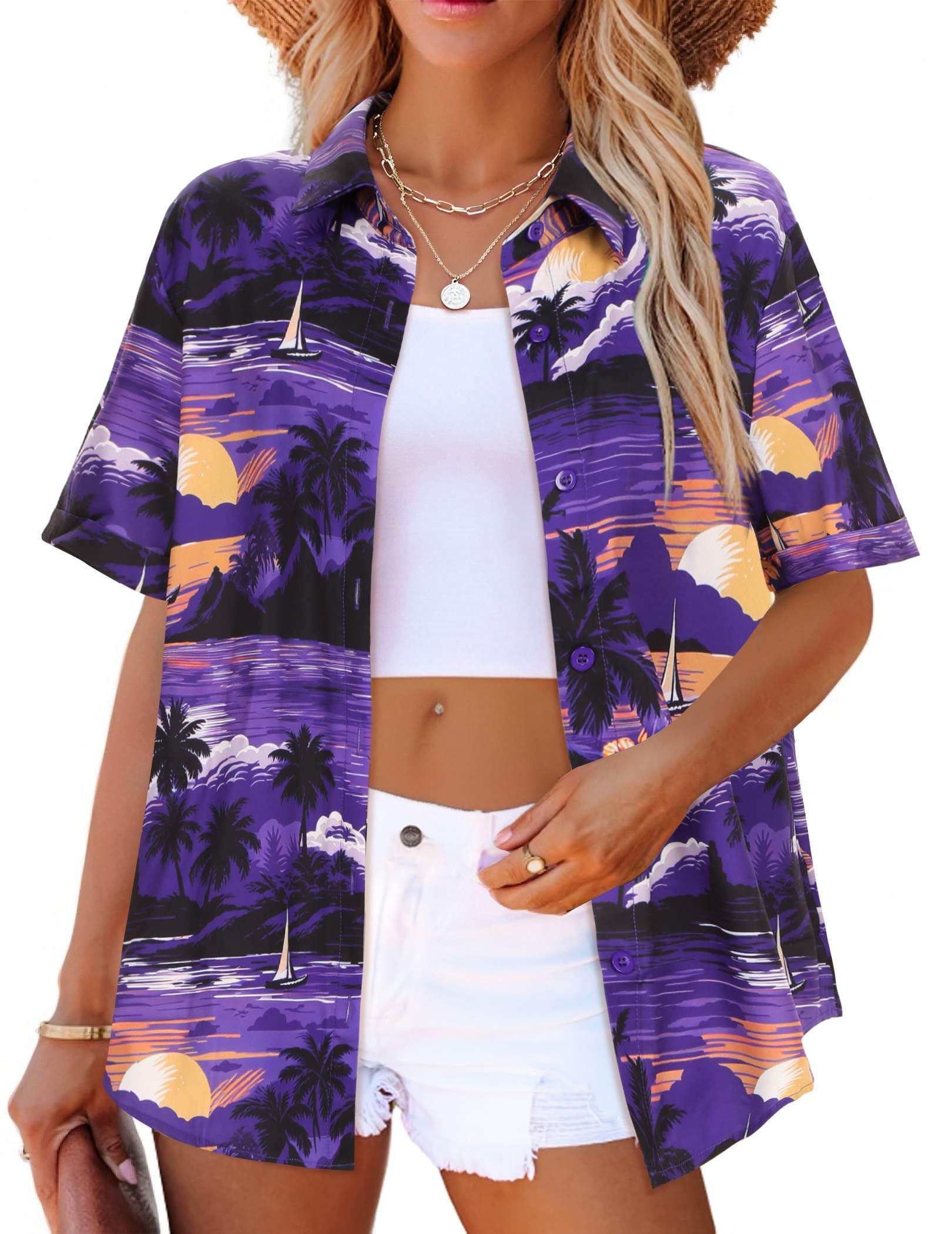 Zeagoo Hawaiian Shirts for Women Tropical Floral Button Down Short Sleeve Blouses Summer Beach Shirt Vacation Tops