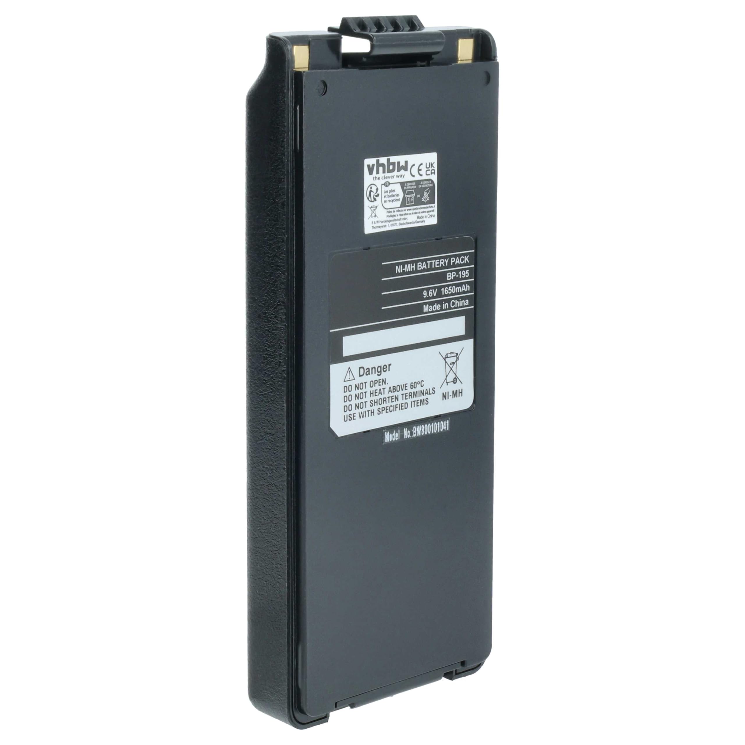vhbw batteria sostituisce Icom BP-195, BP-196H, BP-196, BP-196R per radio (1650mAh, 9,6V, NiMH) + clip