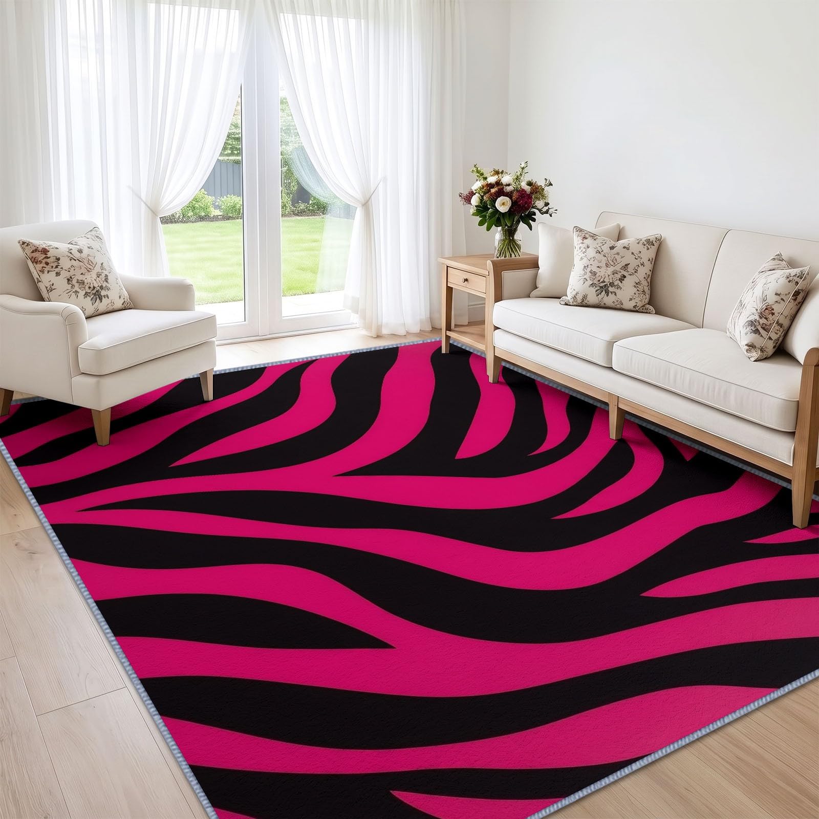 Tapis de Salon Imprimé Animal 120 x 170 cm, Texture Zèbre Rose Noir Tapis Poils Courts Lavable Moderne, Décoratif Antidérapant et Doux pour Salon Chambre et Bureau