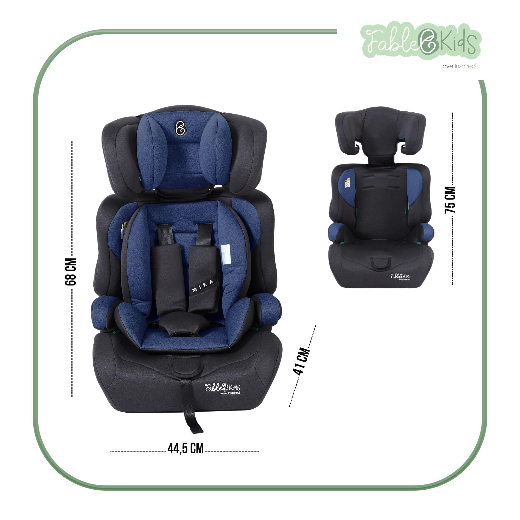 FableKids Fotelik dziecięcy | 5-punktowe szelki bezpieczeństwa | Grupa 1+2+3 dla 9-36 kg | Regulowany zagłówek | Zdejmowane oparcie | Regulowane (44 x 44 x 66-78 cm) (niebieski)