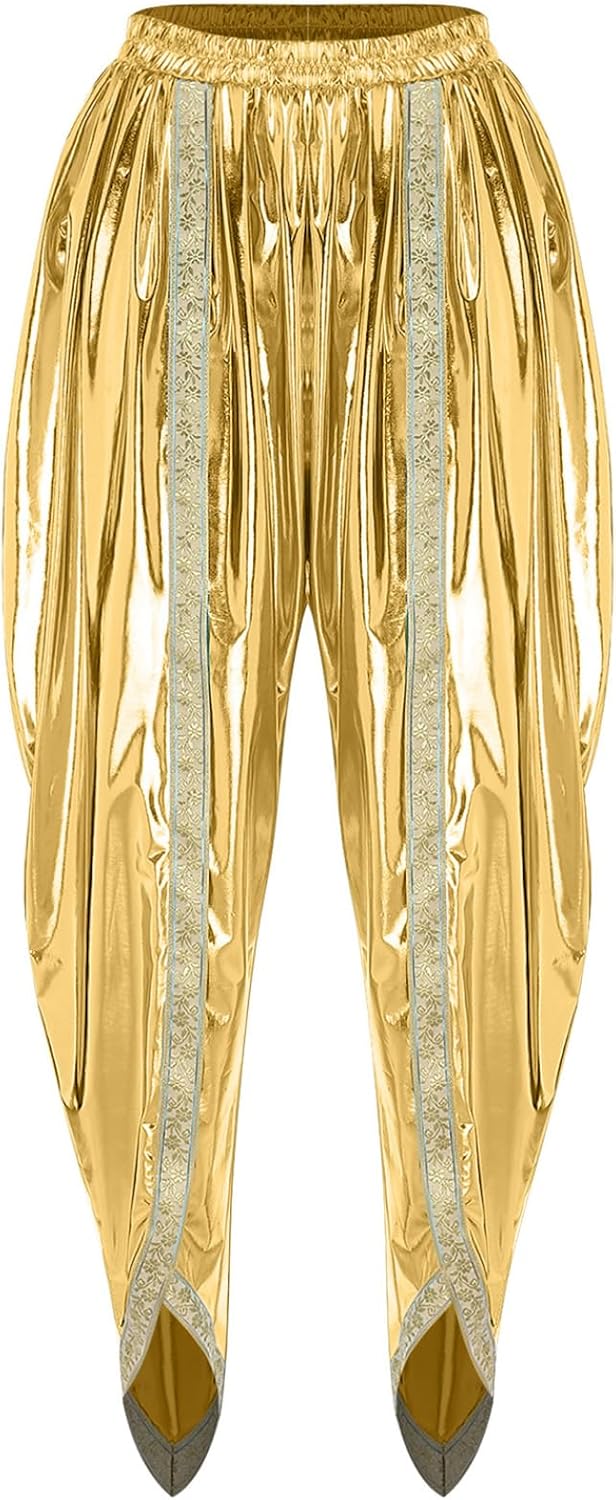 Jugaoge Womens Metallic Shiny Dhoti Pants Gold Brocade Trim Arab Baggy Pants for Belly Dance