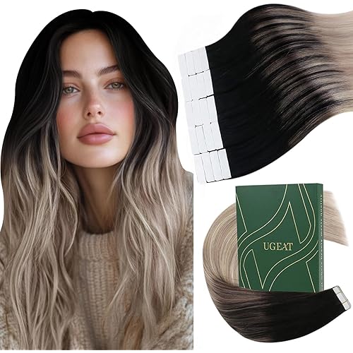 Ugeat Hair Extensions Dark Roots for Women Tape in Balayage Black to Blonde Tape in Hair Extensions Ash Blonde Mix Platinum Blonde Balayage Natural Hair for Party Wear 24Inch 20Pcs 50G