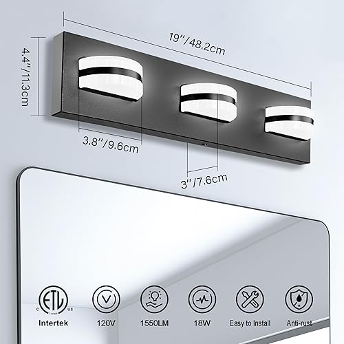 Miniatura 2 de Lámparas LED regulables para tocador de baño, 1550 lúmenes, rotación de 360, color negro mate moderno, luces de tocador para baño, sala de estar,
