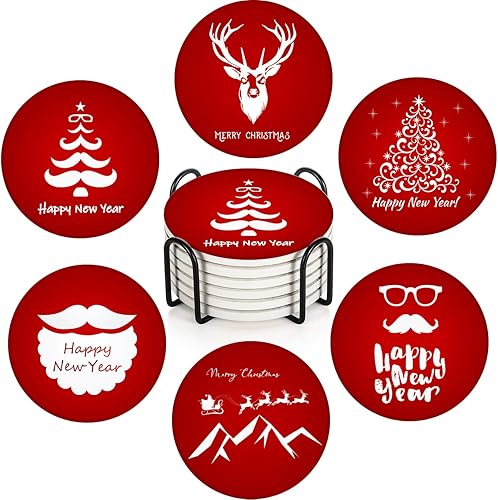 Juego de 6 posavasos con diseño de árbol de Navidad, color rojo, con base de corcho y soporte de metal, regalo para decoración de bar y sala de
