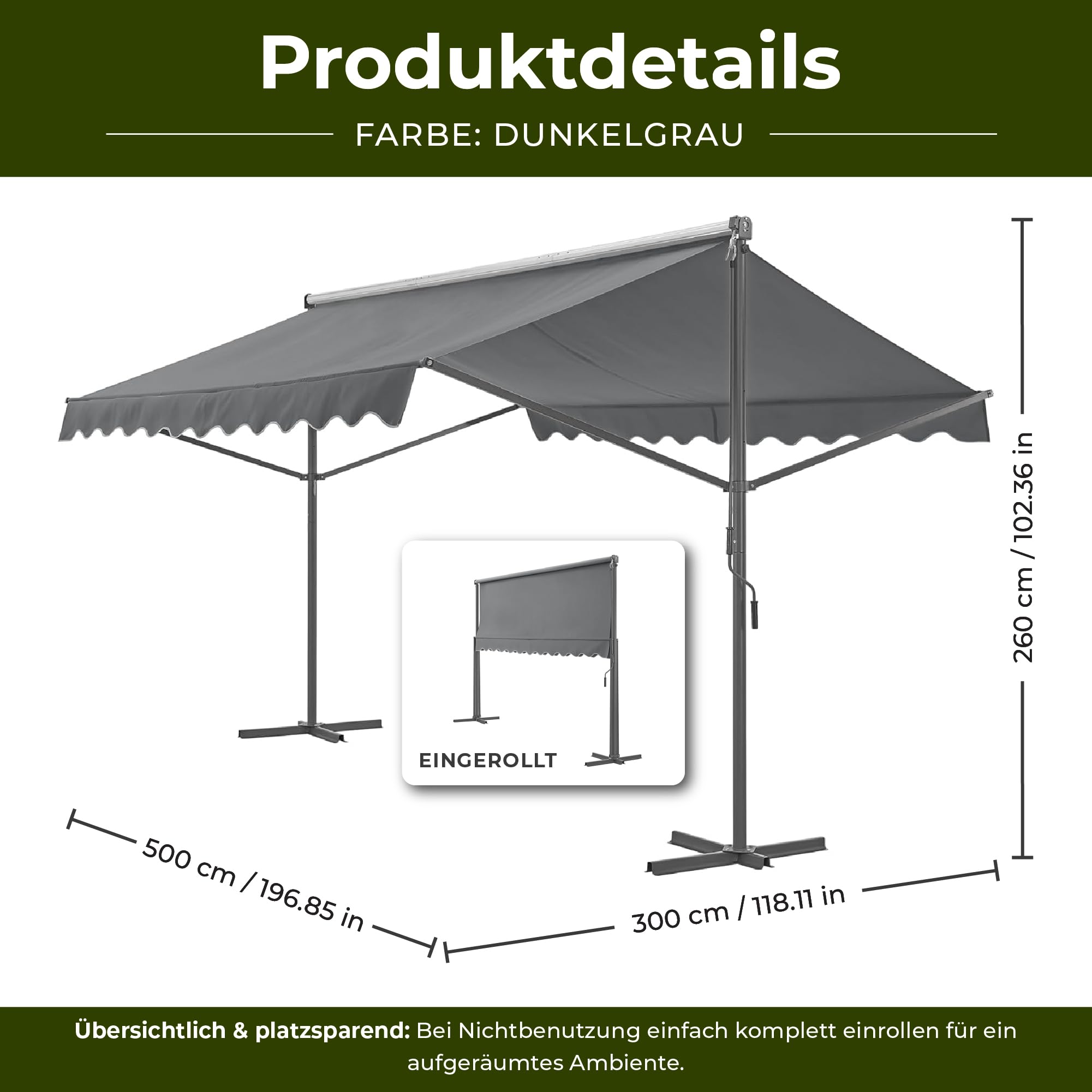 pro.tec Standmarkise Selenizza freistehende Markise 500x300x260cm Gartenmarkise Sonnenschutz Terrassenüberdachung Outdoor Terrasse Garten Balkon Dunkelgrau