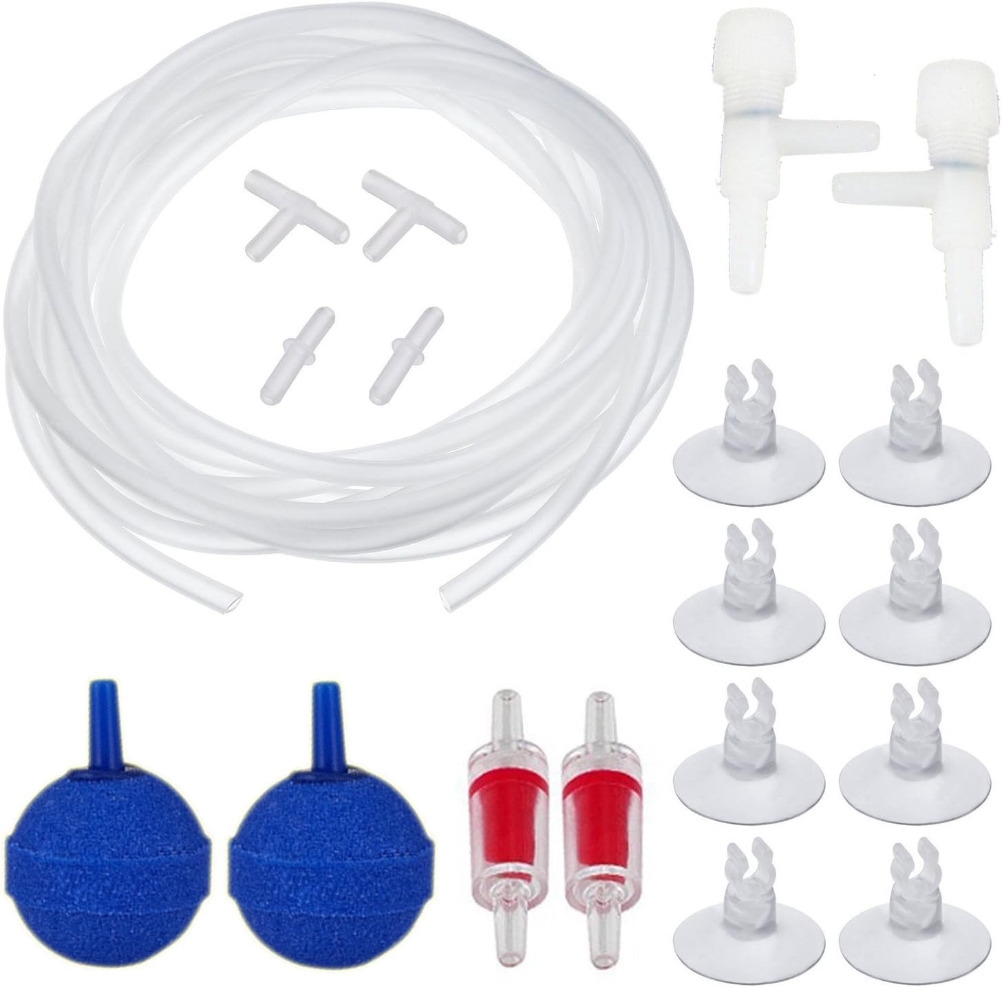 HEMCER 16.5 Feet Standard Airline Tubing Air Air Pump Accessory for Fish Tank, 2 Blue Air Outlets Balls Size 5cm Air Stone Oxygen Stone Bubble, 2pcs Aquarium Check Valve, 8 Suction Cups, 2 Stopcocks, 2 Straight Connectors and 2 T Connectors