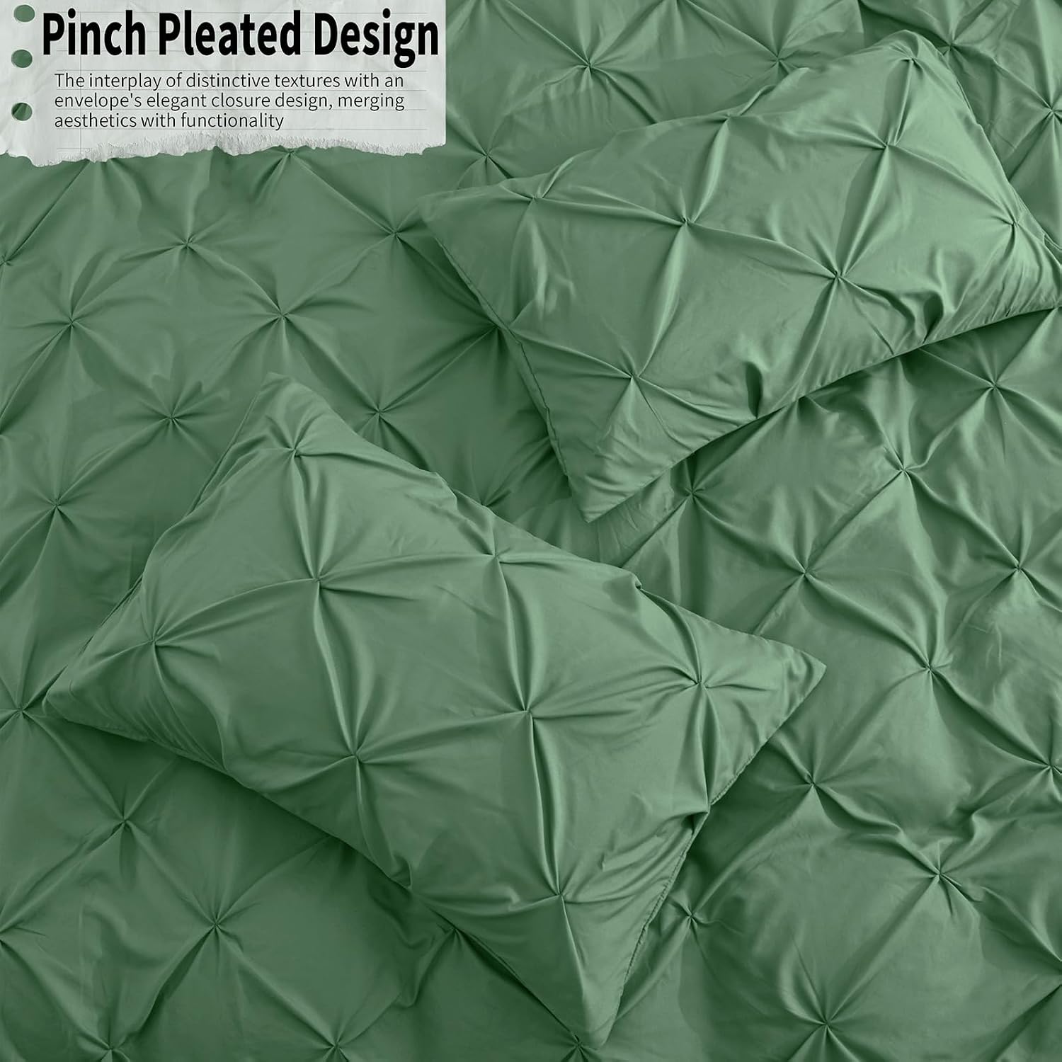 VACVELT 5PC Sage Green Pintuck Duvet Cover Full/Queen, Zipper & Ties image 5