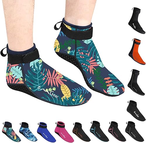 Vista 11 de Calcetines de agua de neopreno, calcetines de playa tipo botines de 0.118 pulgadas, con costuras invisibles antideslizantes para traje de neopreno