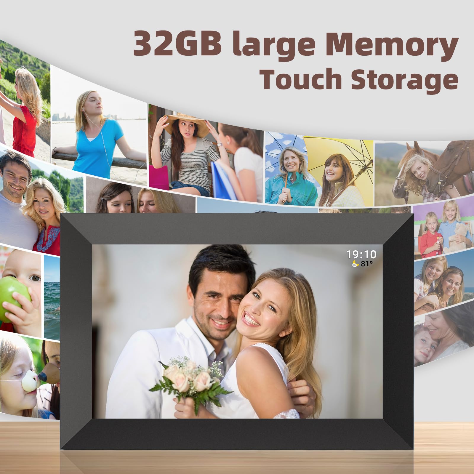 Cadre Photo Numérique WiFi-10,1 Pouces Écran Tactile HD IPS 1280 x 800, Mémoire 32 Go, Rotation Automatique, Montage Mural, Partage Facile de Photos et de Vidéos Instantanément, Frameo