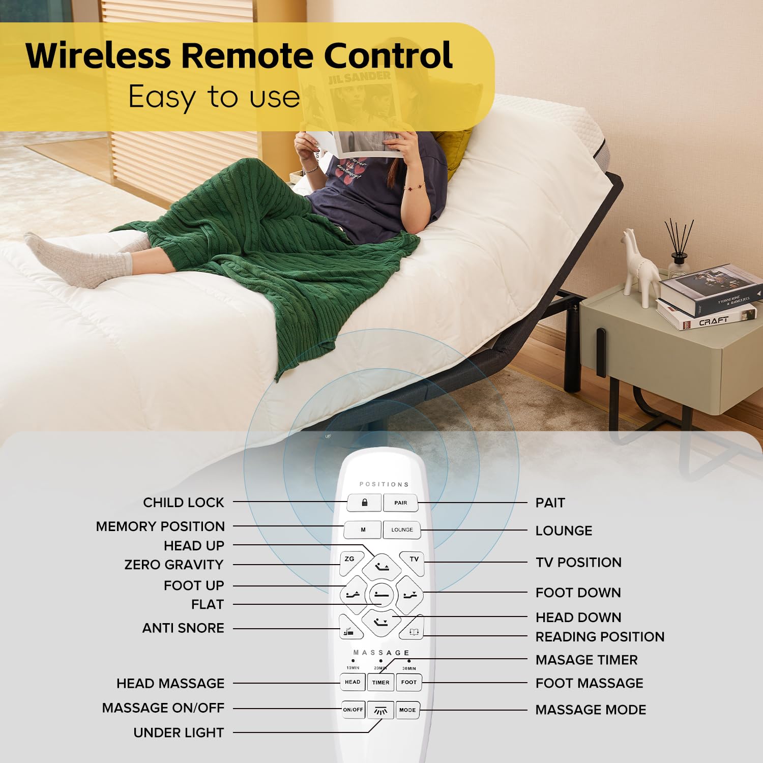 Kotek Adjustable Bed Base With Wireless Remote, Electric Adjustable Bed Frame W Kotek Adjustable Bed Base With Wireless Remote, Electric Adjustable Bed Frame W