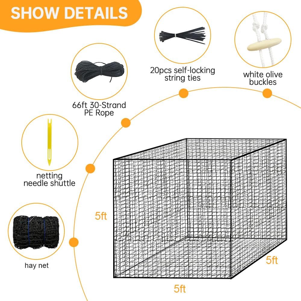 Round Bale Hay Net 5x5ft LargeRound Bale Hay Nets for Horses HeavyDuty Slow Feed Hay Net Black KnotlessDesign for Horse, Cattle, Goat (5x5ft)