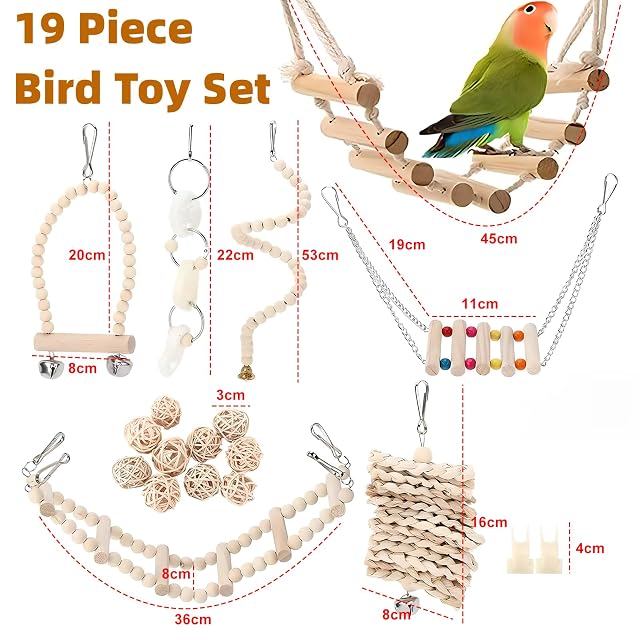 Foto 2 de 8 de VGECEE 19 Pcs Juguetes Pájaros Pequeños y Medianas Juguetes Loro Columpio, Hamaca, Escalera