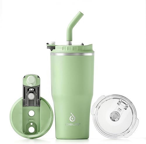 Ideus Vaso aislado con tapa y pajita, de acero inoxidable, de doble pared al vacío, a prueba de fugas, taza de café de viaje, apta para portavasos