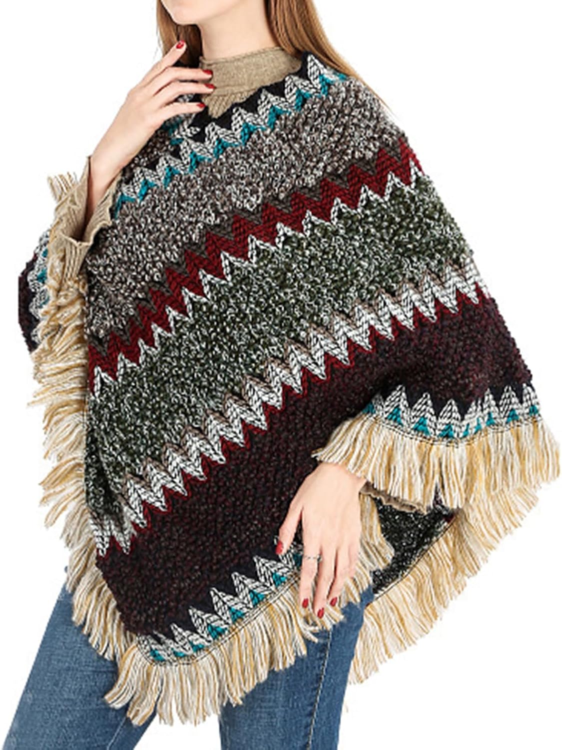 Women's Poncho Sweater Zig Zag Knit Mexican Poncho Wrap Fall Hippie Soft Fringe Crochet Shawl Asymmetrical Cape - Image 3