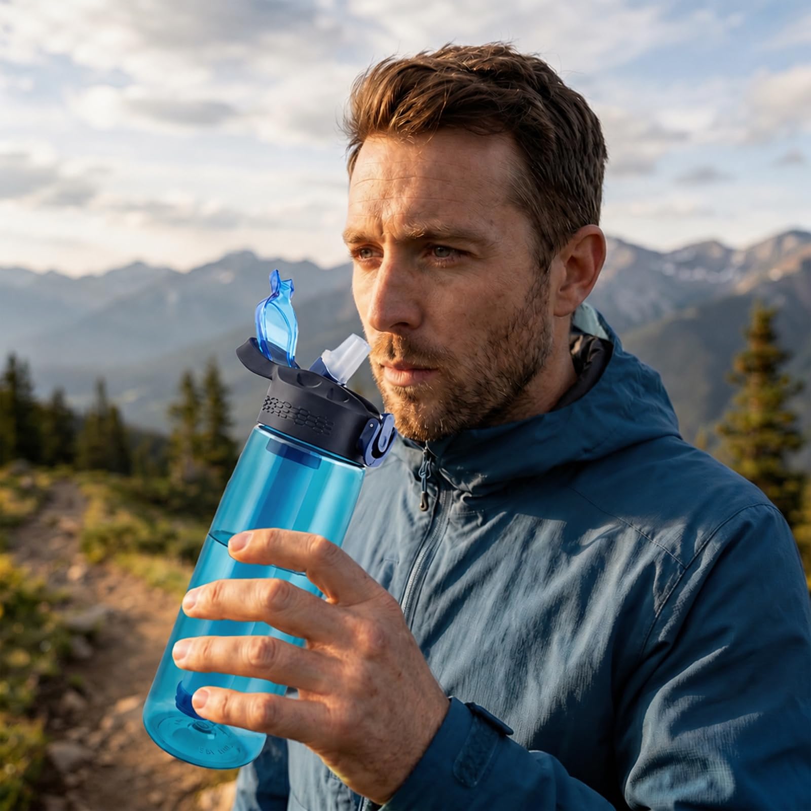 Botella con filtro de agua para exteriores, 650 ml, color cian