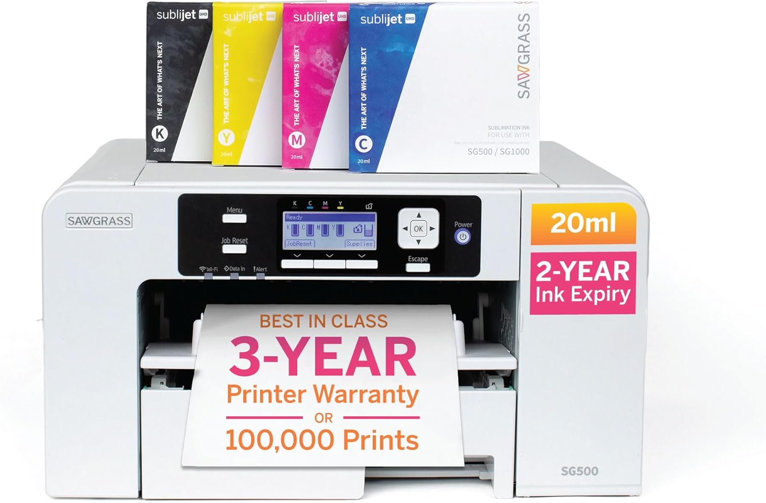 Sawgrass SG500 Sublimation Printer Starter Bundle | Includes Professional Dye-Sublimation Printer with 20mL SubliJet UHD Inks