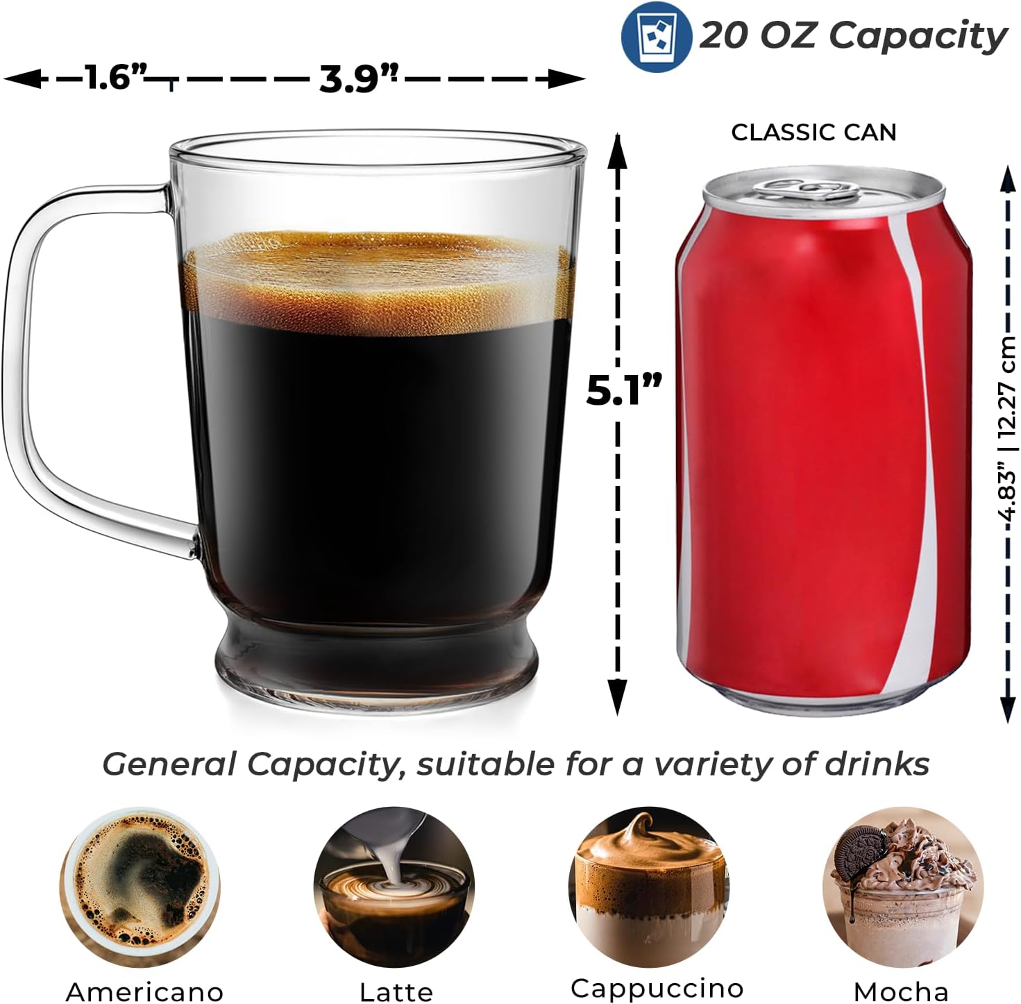 Aquach Set of 2, 20-Ounce Glass Coffee Mugs with Handle - Heat Resistant, Clear Cups for Daily Use - Image 4