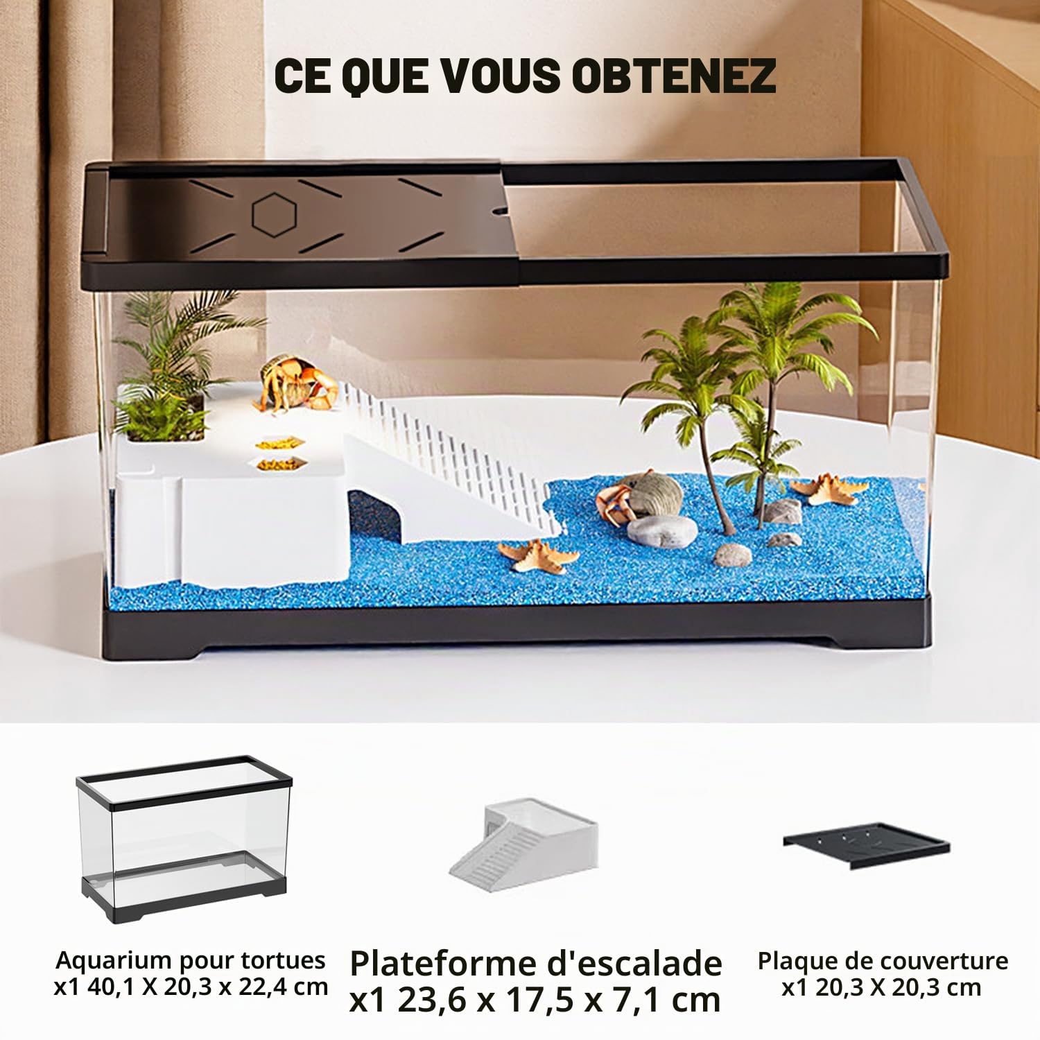 Aquarium pour tortues avec plateforme et drainage inférieur, 40,1 x 20,3 x 22,4 cm, pour tortues juvéniles, écrevisses, crabes, amphibiens, reptiles - Noir