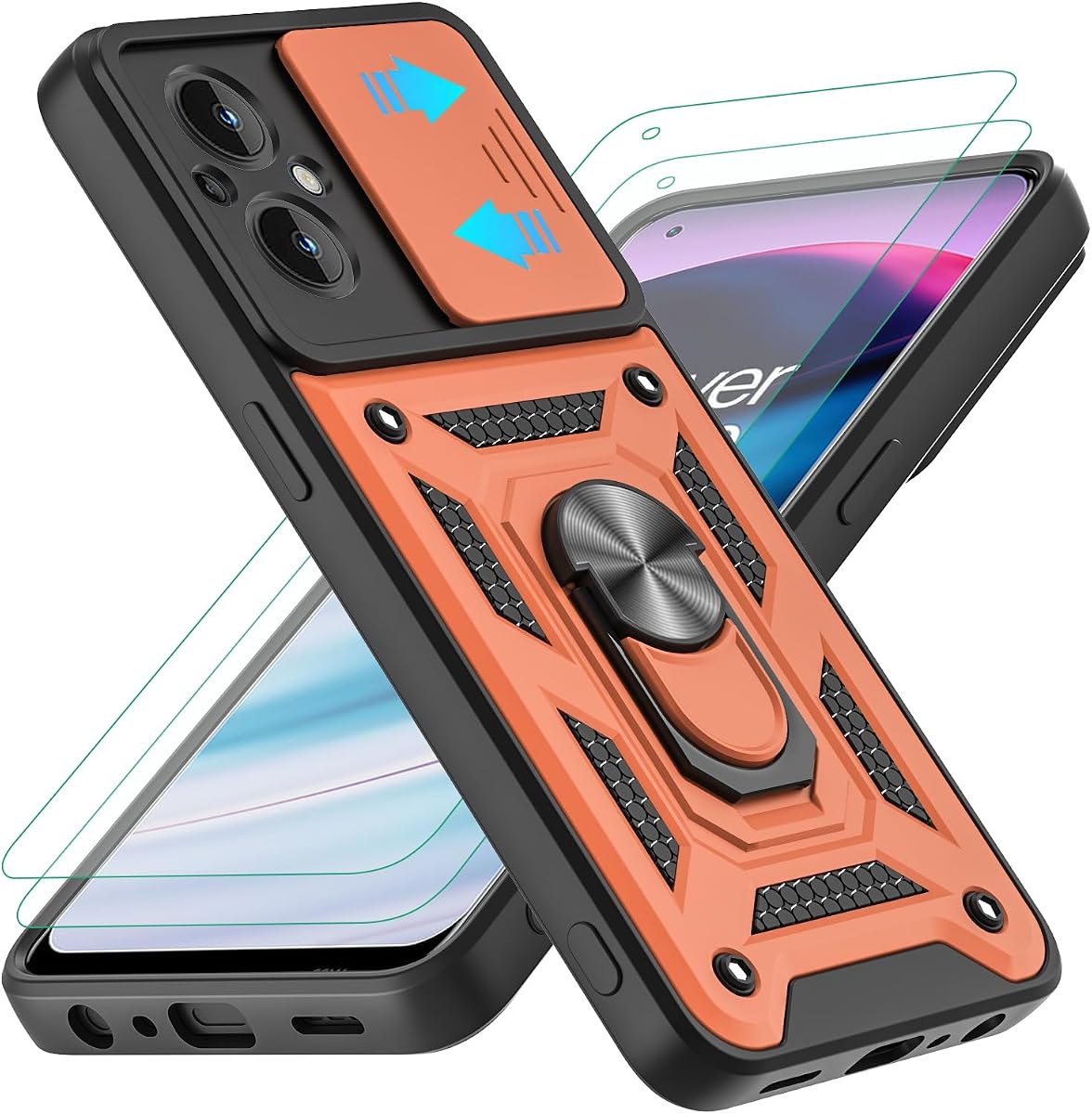 YKHJKLEC for OnePlus Nord N20 5G Case with 2Pcs HD Screen Protector, Heavy Duty Shockproof with 360 ° Rotation Metal Kickstand [Military Grade] Protective Case for OnePlus Nord N20 5G (Rose Gold)