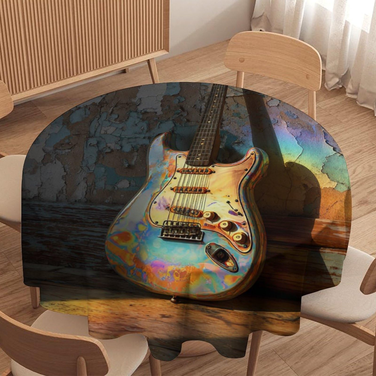 LUYYSKY Rustic Funny Music Guitar Round Tablecloth Vintage Aesthetic Graffiti Wall Musical Instrument Print Washable Decor for Table Cover for Kitchen-152.4" Wx152.4 L cm