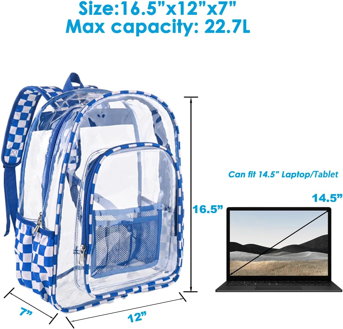 Fomaris Clear Backpack Heavy Duty PVC Plastic Clear Bookbag with Reinforced Straps for School Work, Girls Boys Adults- Checkered Blue