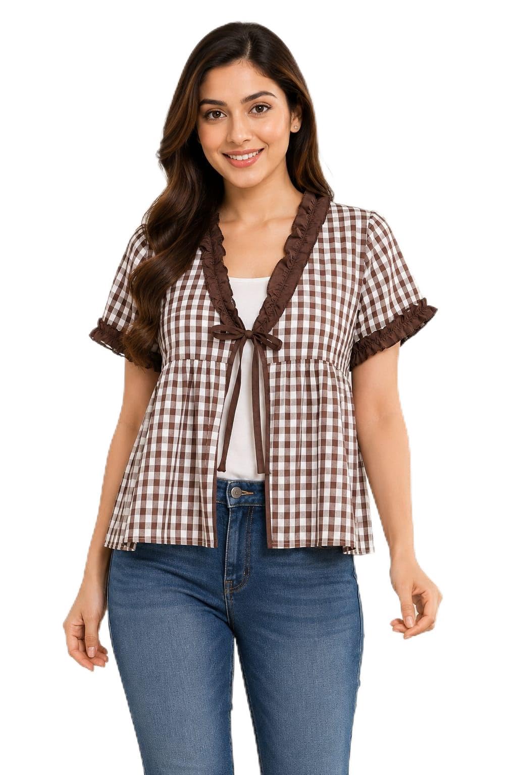 Women's Gingham Check Peplum Top, Cotton, Ruffle Trim with Tie-Up Front, Short Sleeve, Casual-picture-31