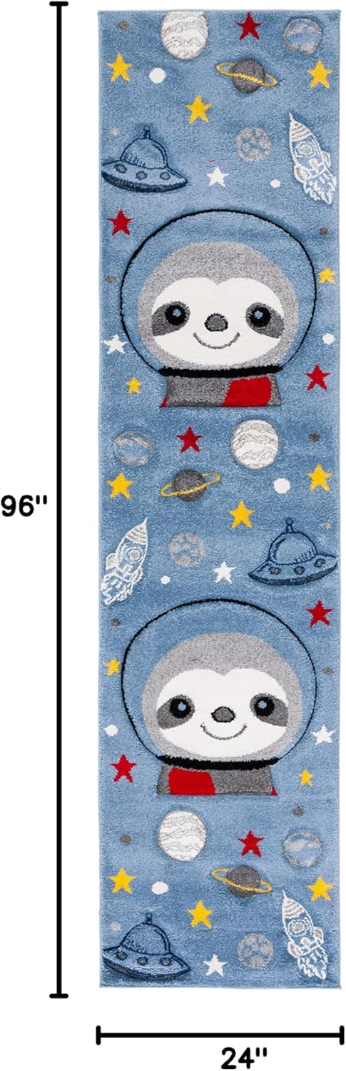 SAFAVIEH Carousel Kids Collection Runner Rug - 2' x 8', Blue & Grey, Sloth Design, Non-Shedding & Easy Care, Ideal for High Traffic Areas for Boys & Girls in Playroom, Nursery, Bedroom (CRK140M)
