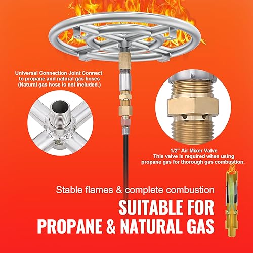 Miniatura 6 de VEVOR Sartén redonda de 12 pulgadas, kit de quemador de fogata de acero inoxidable, sartén de gas propano con 92,000 BTU para uso en interiores o