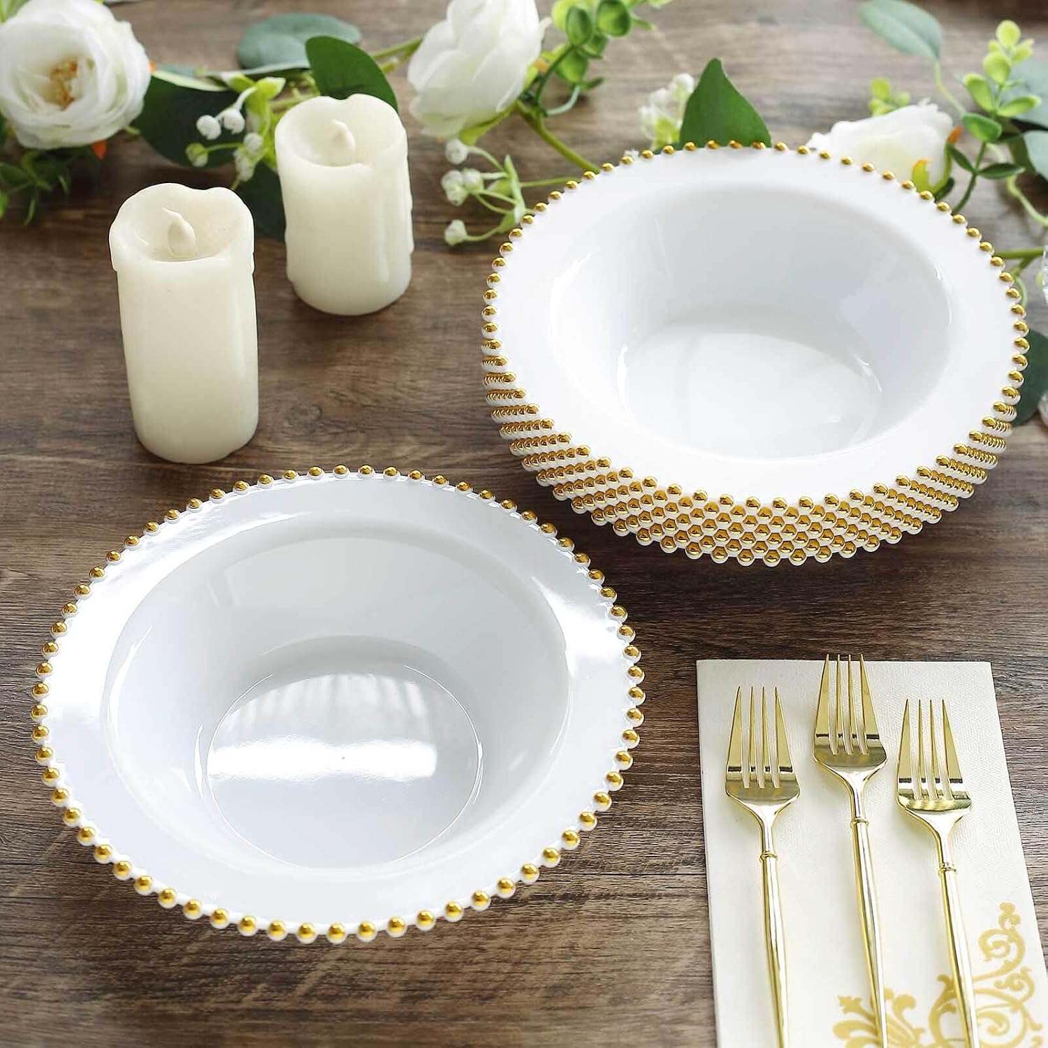 Efavormart 10 Pack White Plastic Soup Bowls with Gold Beaded Rim, Round Disposable Dessert Salad Bowls - 12oz