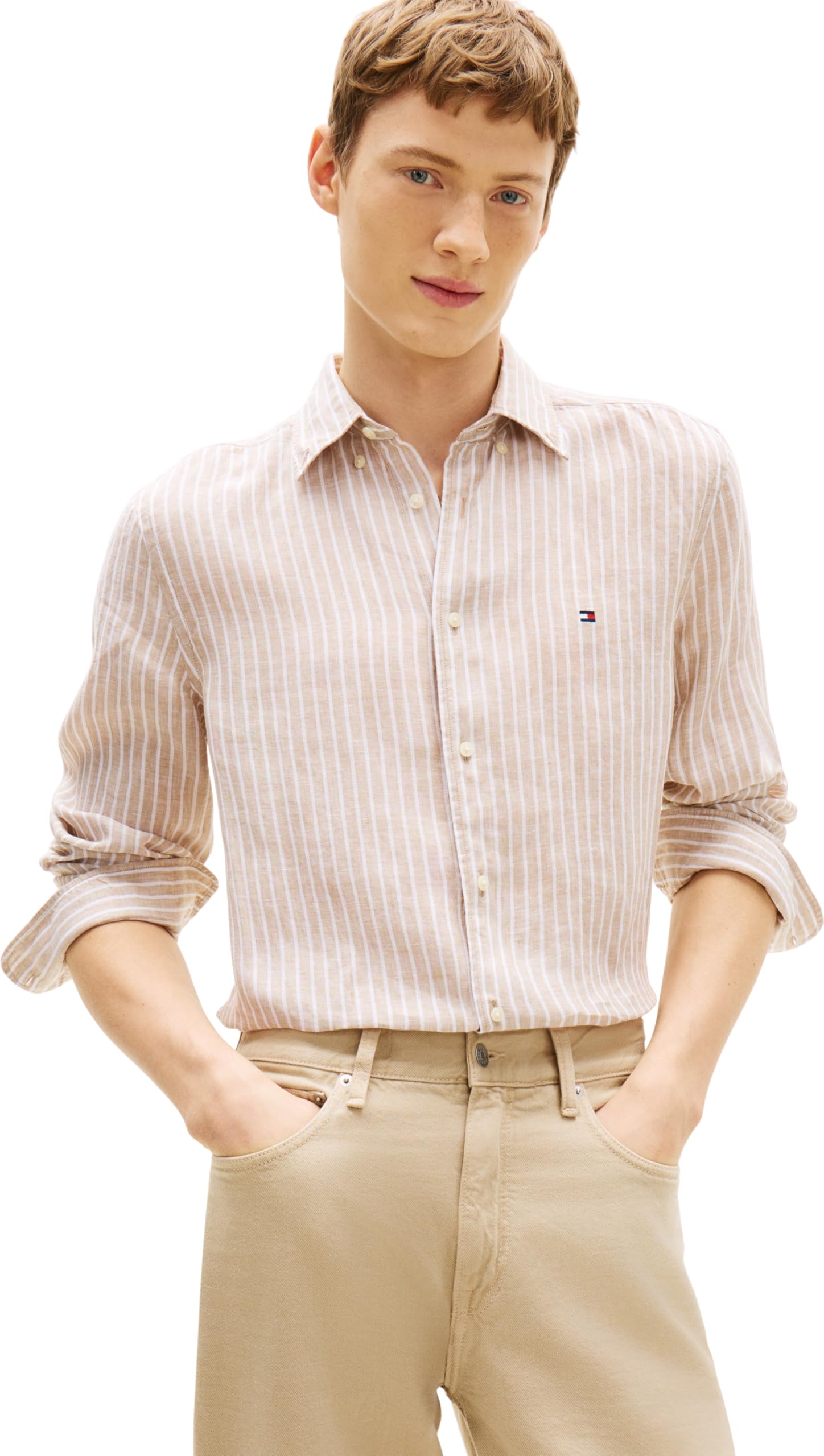 Tommy Hilfiger Men’s Shirt Linen Bengal Stripe Regular Fit, Beige (Sandalwood/Stripe), XL