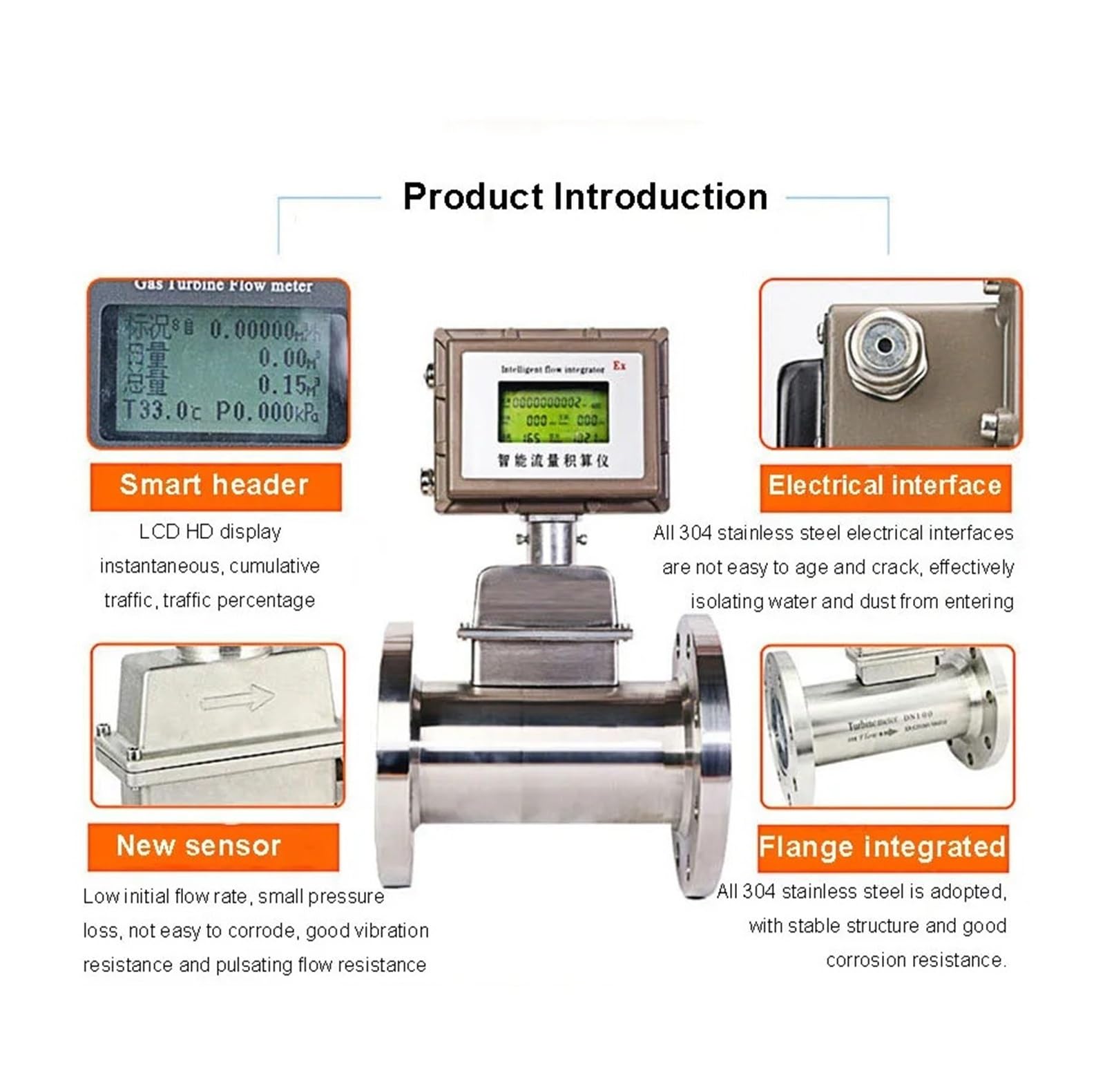 Caudalímetro de turbina de gas de alta precisión con pantalla digital inteligente de acero inoxidable for tuberías. Garantizar la estabilidad(DN100)