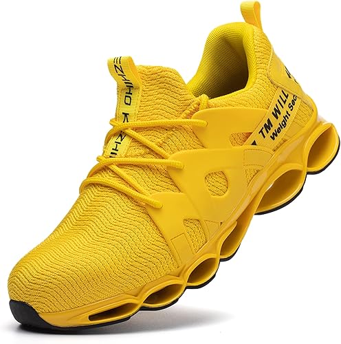 Kezhiho Tenis de trabajo con punta de acero para hombre y mujer, amarillos, ligeros, transpirables, antideslizantes, construcción indestructible,