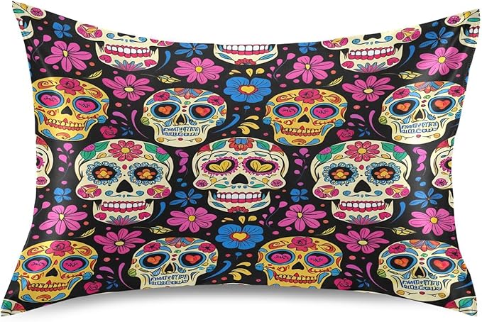 Colorful Sugar Skulls Satin Pillowcase, Smooth and Cool Silk Pillow Case, Soft and Breathable Envelope Closure Silk Pillowcase for Hair and Skin,Standard Size 20 x 26in