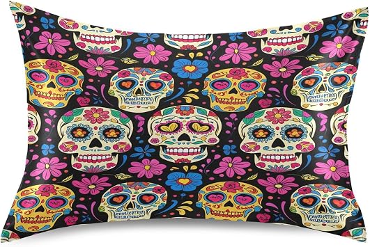 Colorful Sugar Skulls Satin Pillowcase, Smooth and Cool Silk Pillow Case, Soft and Breathable Envelope Closure Silk Pillowcase for Hair and Skin,King Size 20 x 40in