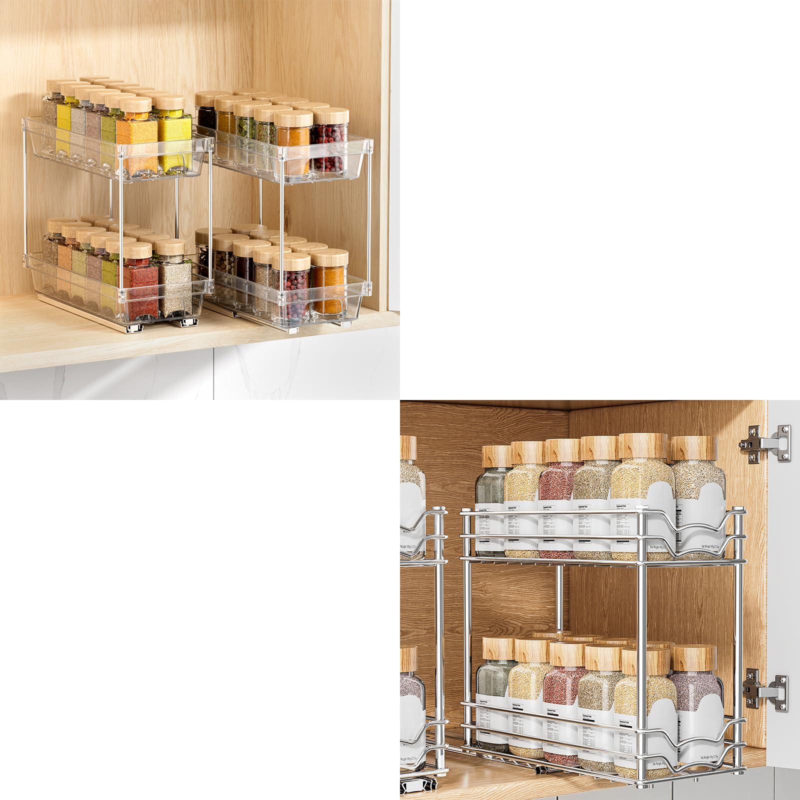 PanPanPal Pull Out Spice Rack Organizer for Inside Cabinet and Pull-Out Spice Rack Organizer for Cabinet Bundled