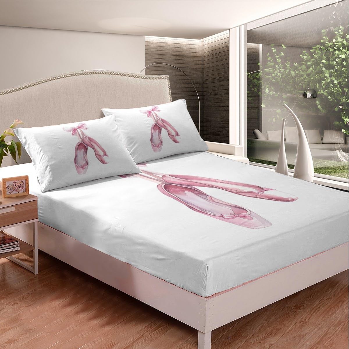 Homewish Ballet Shoes Fitted Sheet,Full Size Ballet Theme Collections Pink Shoes Theme,Soft Decorative Fabric Bedding Deep Pocket for Children Teens Young Boys Girls,with 2 Pillowcases image 3