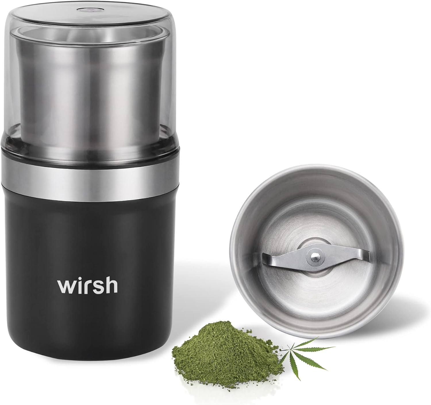 Herb Grinder-Wirsh Electric Spice Grinder with 5.3oz. Stainless Steel Removable Bowl,Coffee Grinder with 200W Motor for Herbs,Spices,Coffee Beans,Nuts,Grains, One Press Operation with Pollen Catcher