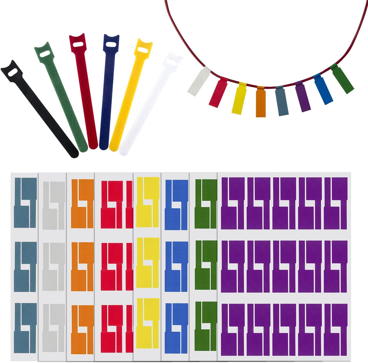 JCKEL Waloden 480 Pieces Cable Labels Waterproof Self Adhesive Cable Label Tear Resistant Stickers and 12 Pieces Reusable Hook and Loop Cord Straps, 8 Colors