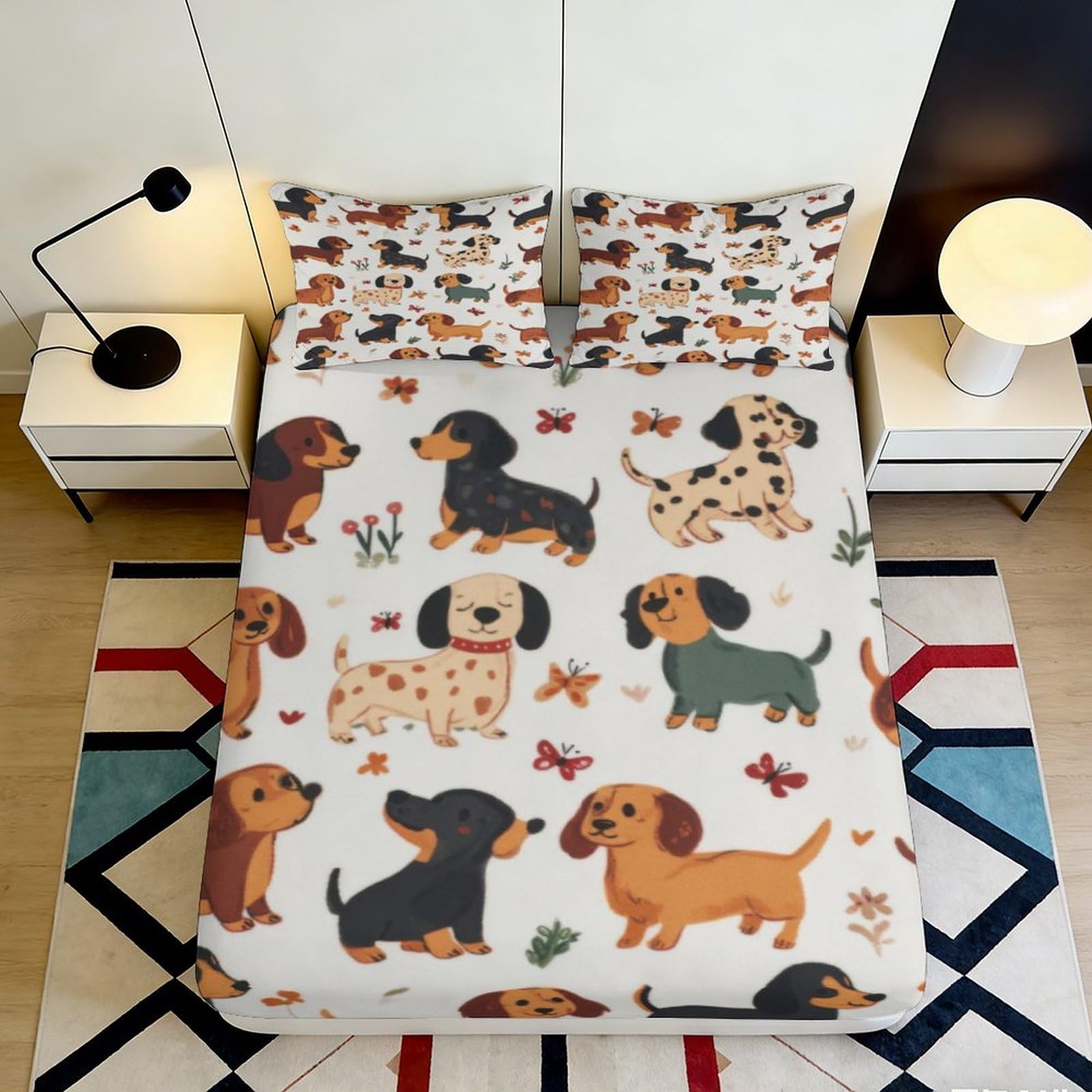 3D Printed Dachshund Dog Fitted Sheet Microfiber Soft Breathable Cartoon Puppy Bed Cover for Bedroom Guest Room Decor 90x200x25cm