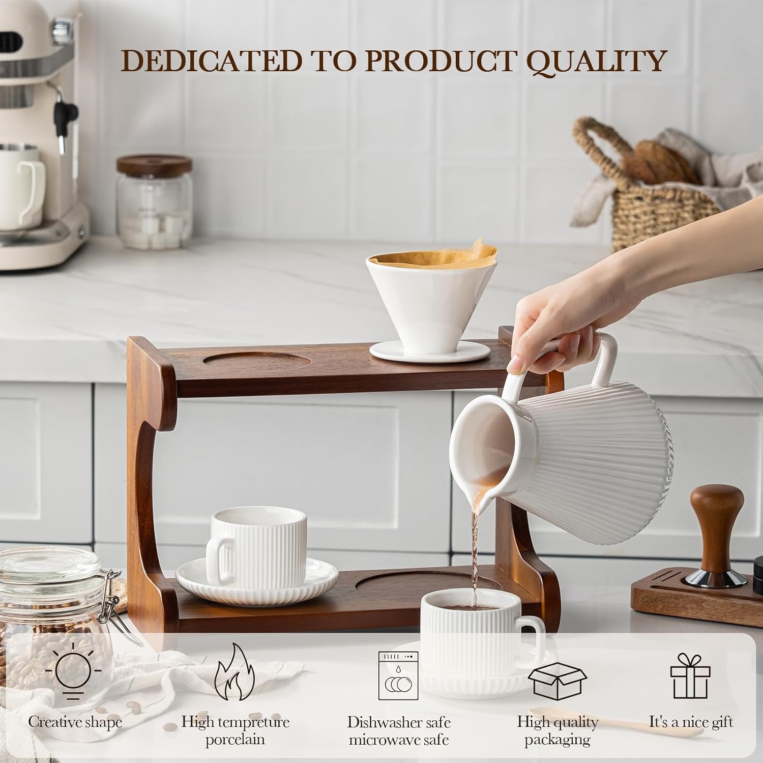 Pour Over Coffee Maker Set, 22OZ Ceramic Pour Over Coffee Dripper with Acacia Wood Stand and 5OZ Cups and Saucers Set of 2, Size 02